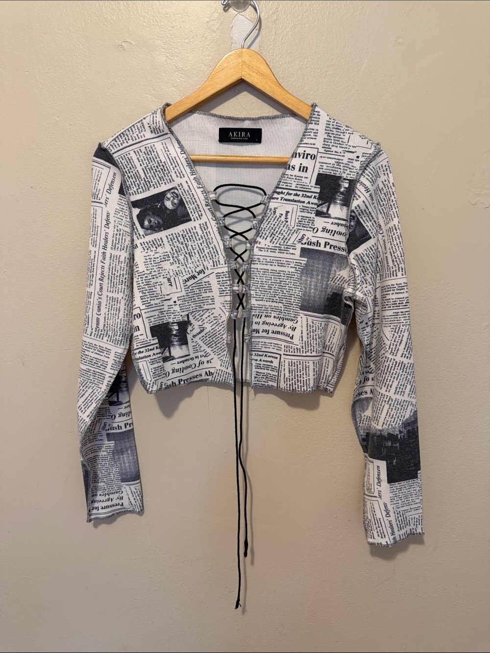 AKIRA Black & White Newspaper Print Lace-Up Crop Top